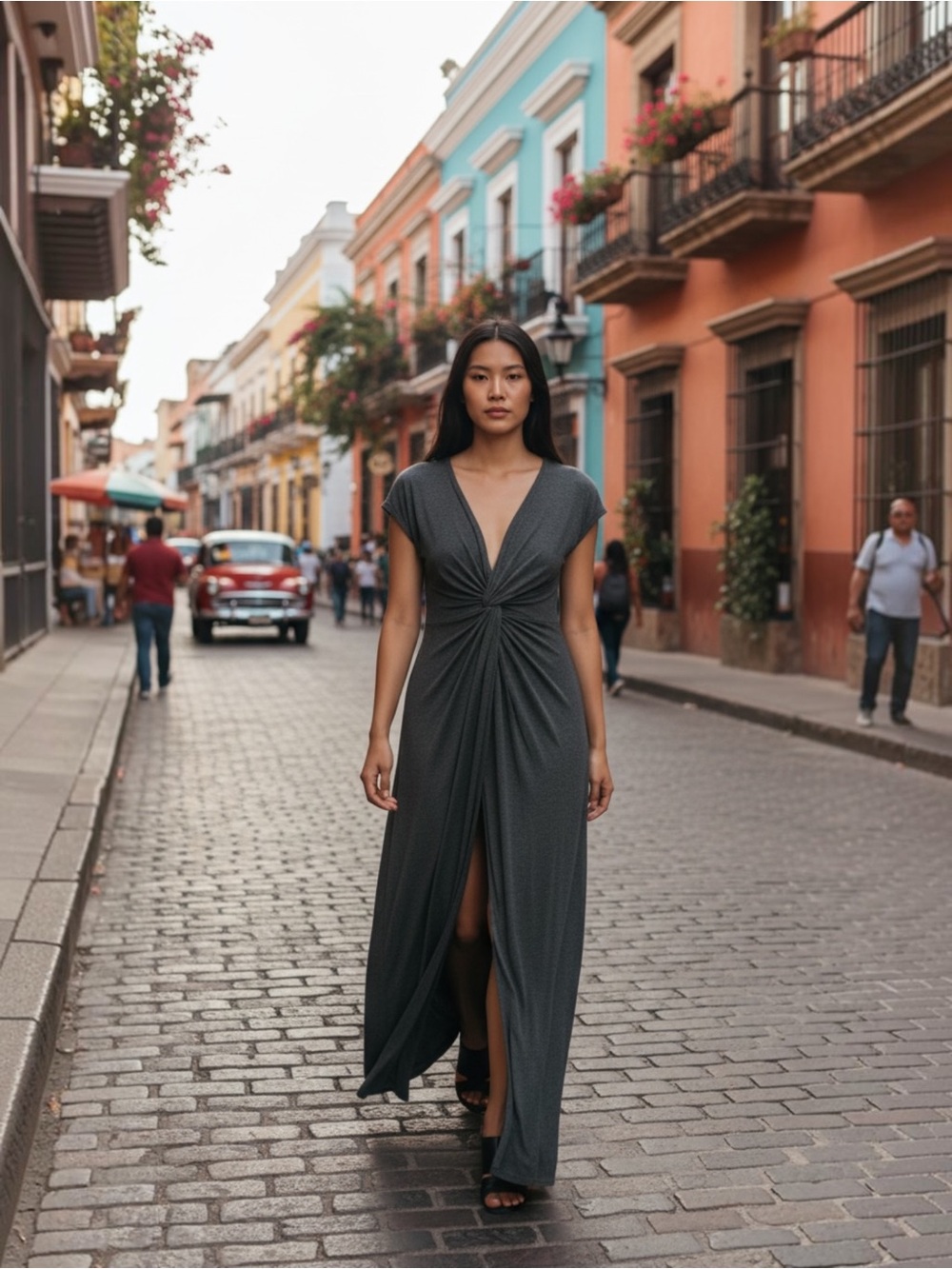 Rolla Coster Charcoal Twist-Front V-Neck Maxi Dress